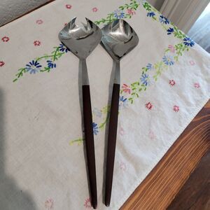 VTG 2pc Pyramid Stainless/Faux Wood Salad Servers 10 3/8" Japan EKCO Canoe Muffi